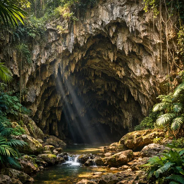 Enjoy an online jigsaw puzzle designed for browser play, featuring a serene nature scene of a dramatic cave entrance surrounded by lush jungle.
