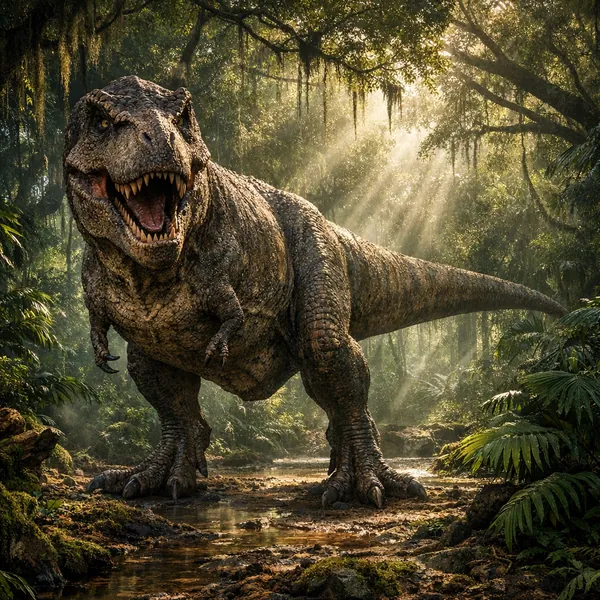 This online jigsaw puzzle features a dramatic prehistoric scene combining wildlife and nature, ready to play in your browser.
