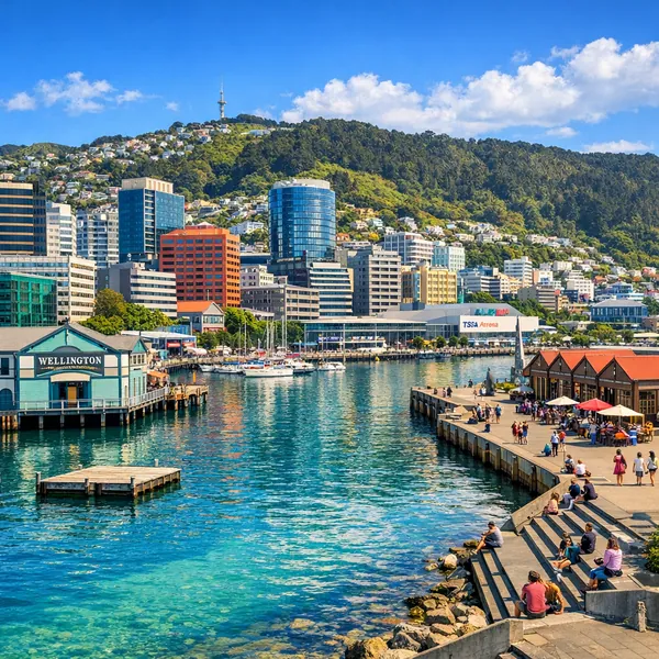 Enjoy an online jigsaw puzzle designed for browser play, featuring a sunny harbor cityscape with vibrant waterfront life and rolling green hills.