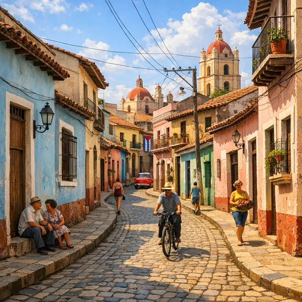 Enjoy an online jigsaw puzzle designed for browser play, featuring a sunlit cobblestone street in a colorful colonial city.