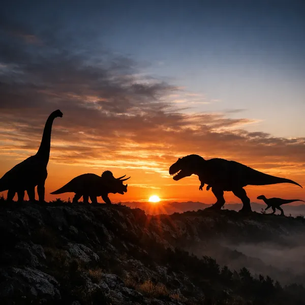 Enjoy an online jigsaw puzzle designed for browser play, featuring dramatic dinosaur silhouettes set against a glowing sunset — a nature-themed scene with a pre