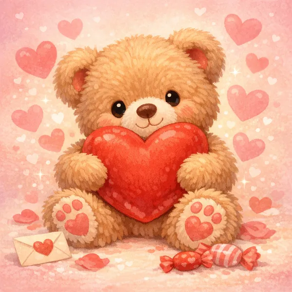 Enjoy an online jigsaw puzzle designed for browser play, featuring an adorable teddy bear holding a bright red heart in a charming, romantic scene.