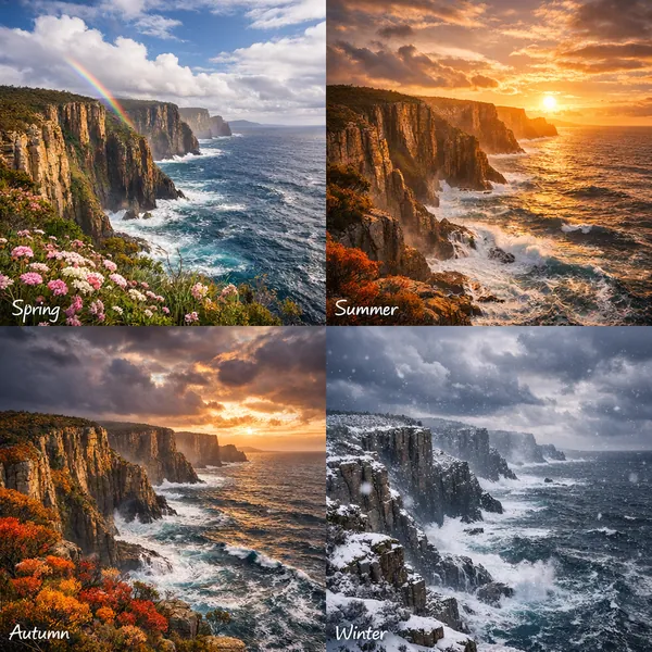 Enjoy an online jigsaw puzzle designed for browser play, featuring a dramatic coastal cliffscape that shifts through the four seasons.