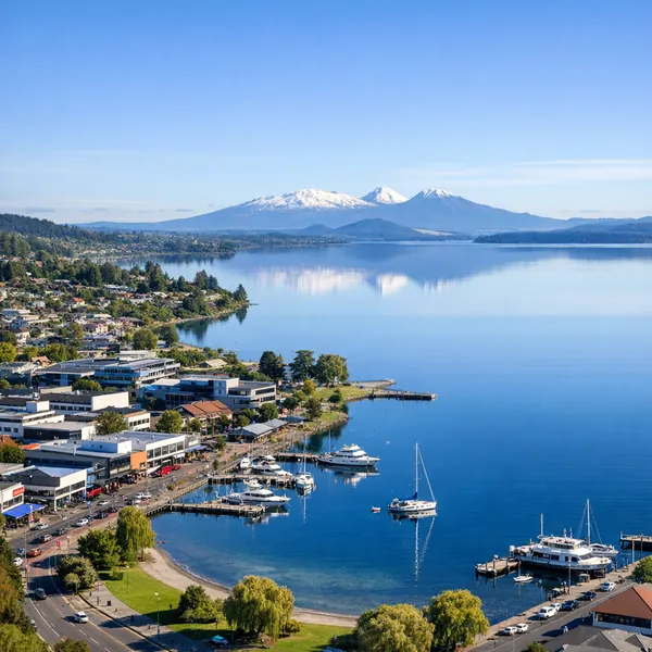 Enjoy an online jigsaw puzzle designed for browser play, featuring a tranquil lakeside town with a marina and snow-capped mountains on the horizon.