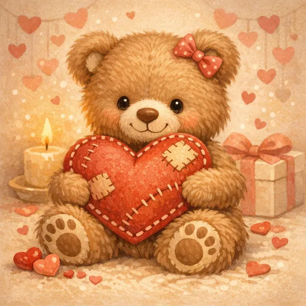 This online jigsaw puzzle features a charming plush teddy bear holding a stitched red heart, perfect for lovers of cute animals and cozy, romantic scenes.
