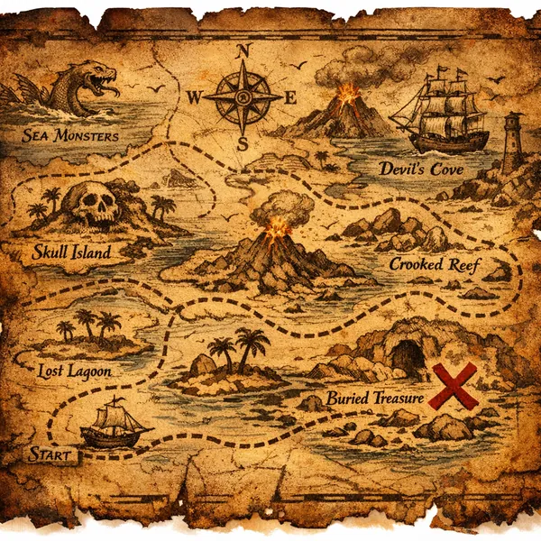 Here’s an online jigsaw puzzle you can play in your browser, featuring a vintage pirate treasure map full of nautical and adventure themes.