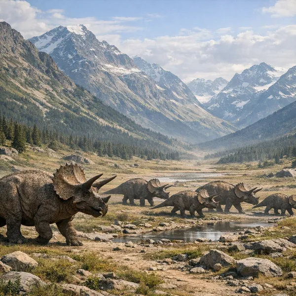 This online jigsaw puzzle features a prehistoric nature scene of dinosaurs in a sweeping mountain valley, playable right in your browser.