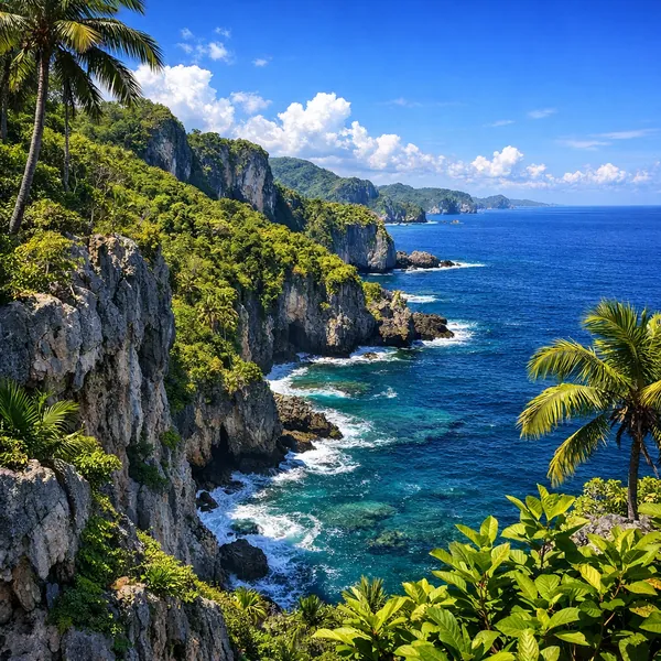 Enjoy an online jigsaw puzzle designed for browser play, featuring a sunlit tropical coastline with dramatic cliffs and vivid blue sea.