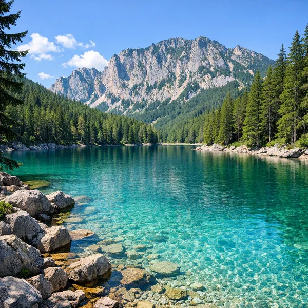 Enjoy an online jigsaw puzzle designed for browser play, featuring a tranquil mountain lake set against towering rocky peaks.