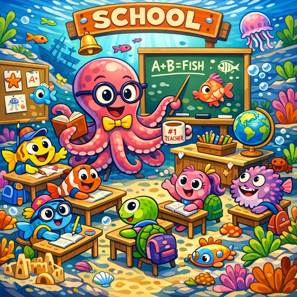 This online jigsaw puzzle features a cheerful underwater school scene filled with colorful sea creatures and a friendly octopus teacher.