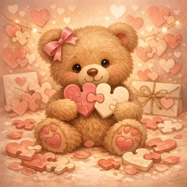 Enjoy an online jigsaw puzzle designed for browser play, featuring an adorable teddy bear surrounded by heart-shaped puzzle pieces in a warm, romantic setting.
