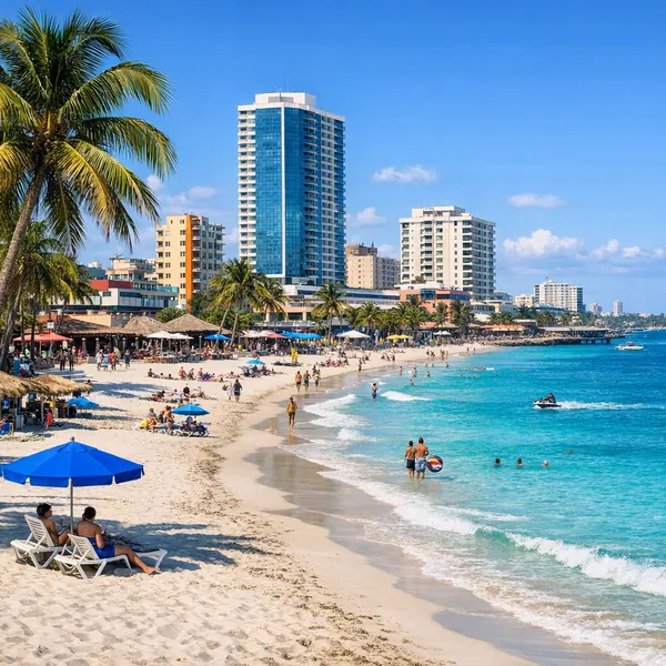 Enjoy an online jigsaw puzzle designed for browser play, featuring a sunlit beachscape where turquoise waves meet a lively coastal city.