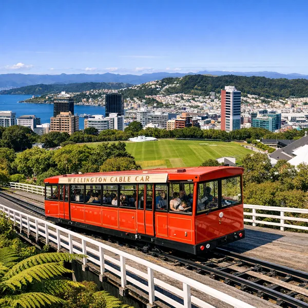 Enjoy an online jigsaw puzzle designed for browser play, featuring a vibrant city transport scene with the iconic red Wellington cable car against an urban and