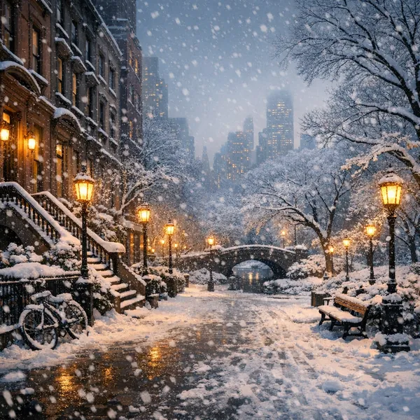 Enjoy an online jigsaw puzzle designed for browser play, featuring a snowy cityscape scene that blends urban charm with winter nature.