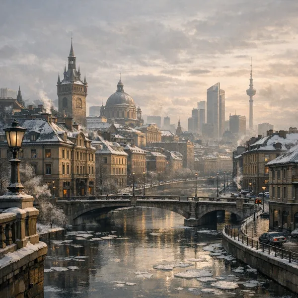 Enjoy an online jigsaw puzzle designed for browser play, featuring a snowy cityscape with historic architecture and a gently flowing river.