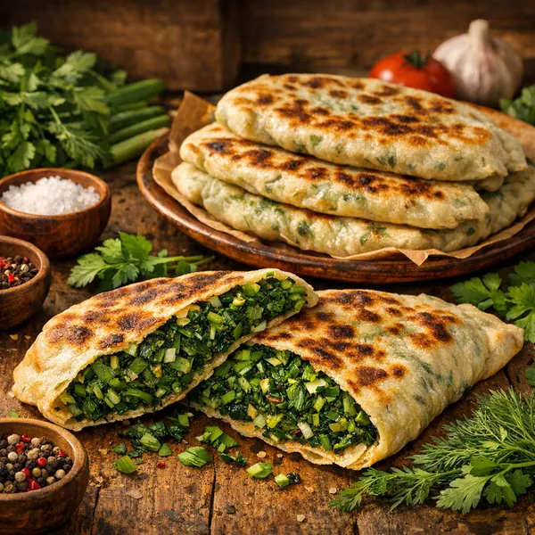 Enjoy an online jigsaw puzzle designed for browser play, featuring a delicious food scene of golden, pan-fried flatbreads stuffed with fresh green herbs.