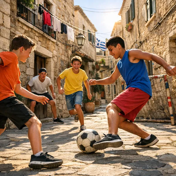 Play an online jigsaw puzzle in your browser that shows a lively street soccer game in a sunlit Mediterranean alley — a charming city scene filled with youthful