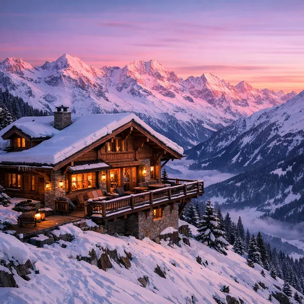 Enjoy an online jigsaw puzzle designed for browser play, featuring a cozy mountain cabin tucked into a snowy alpine landscape.