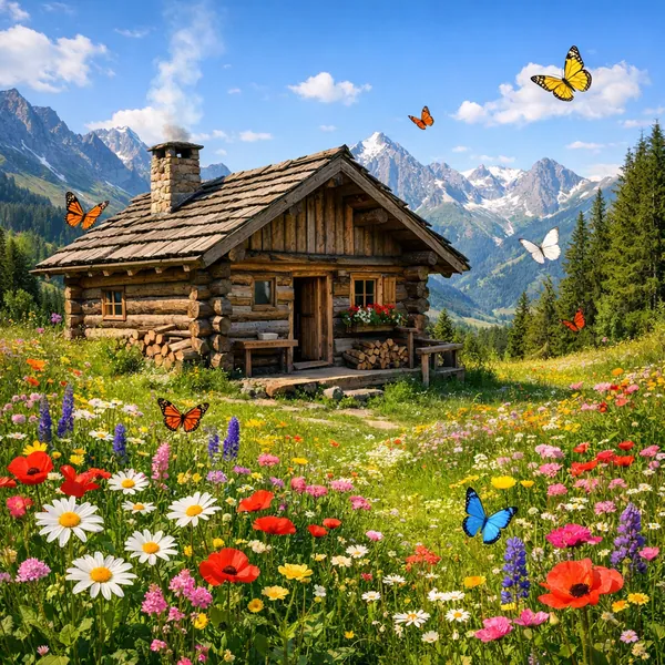 Enjoy an online jigsaw puzzle designed for browser play, featuring a charming nature scene of a rustic log cabin nestled in a colorful mountain meadow.