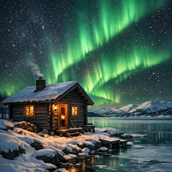 Enjoy an online jigsaw puzzle designed for browser play, featuring a breathtaking nature scene of the northern lights above a snowy lakeside.