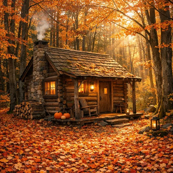 Enjoy an online jigsaw puzzle designed for browser play, featuring a cozy autumn cabin tucked into a golden forest.