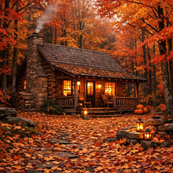 Enjoy an online jigsaw puzzle designed for browser play, featuring a cozy log cabin tucked into a golden autumn forest.