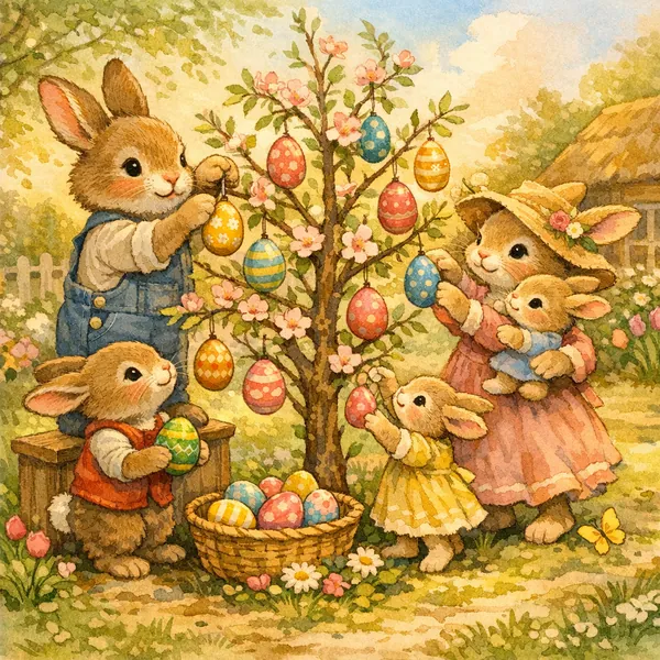 Bunny Family Decorating the Spring Egg Tree jigsaw puzzle