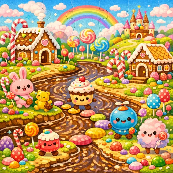 Enjoy an online jigsaw puzzle designed for browser play, featuring a whimsical candy-land scene where cute food characters and sweet treats meet playful animals