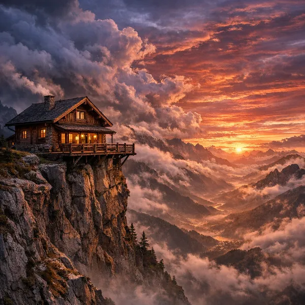 Enjoy an online jigsaw puzzle designed for browser play, featuring a dramatic mountain nature scene with a cozy cabin perched on a cliff.