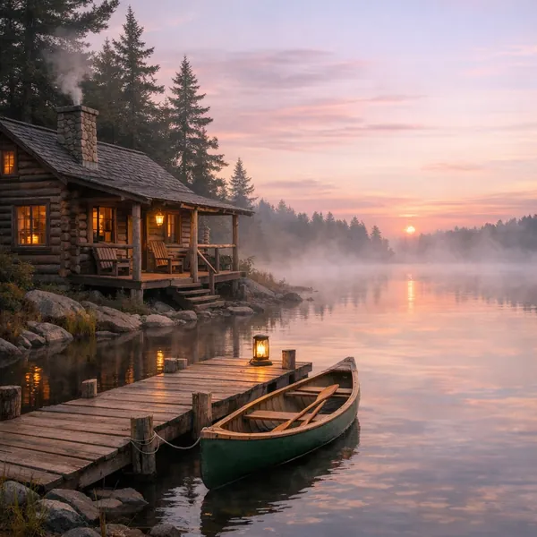 Here’s an online jigsaw puzzle you can play in your browser, featuring a cozy lakeside cabin scene set against a misty sunrise—perfect for lovers of nature and