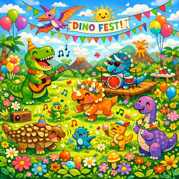 Enjoy an online jigsaw puzzle designed for browser play, featuring a cheerful dinosaur festival scene full of playful prehistoric friends.