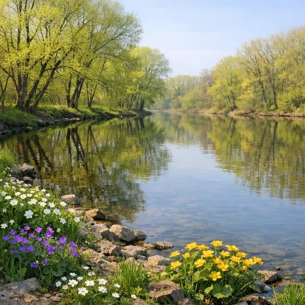 Enjoy an online jigsaw puzzle designed for browser play, featuring a peaceful riverside landscape in full spring bloom.