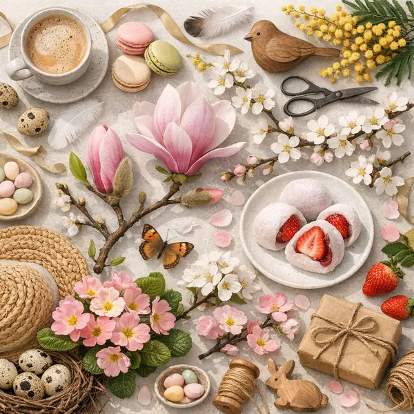 Enjoy an online jigsaw puzzle designed for browser play, featuring a charming spring-themed still life with flowers, sweet treats, and delicate decorations.