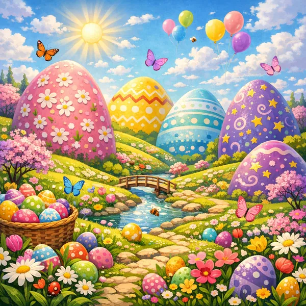 Enjoy an online jigsaw puzzle designed for browser play, featuring a bright, festive Easter and nature scene.
