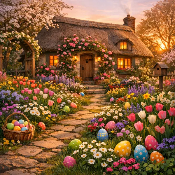 Enjoy an online jigsaw puzzle designed for browser play, featuring a cozy thatched cottage set in a blooming spring garden with a touch of Easter charm.