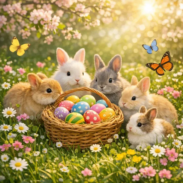 Enjoy an online jigsaw puzzle designed for browser play, featuring an adorable springtime scene of fluffy baby rabbits and colorful Easter eggs.