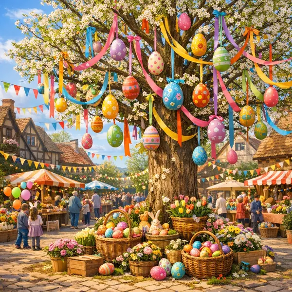 Enjoy an online jigsaw puzzle designed for browser play, featuring a cheerful springtime festival with colorful Easter decorations and a bustling village market