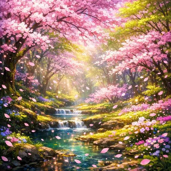 Enjoy an online jigsaw puzzle designed for browser play, featuring a serene nature scene of cherry blossoms framing a gentle woodland stream.