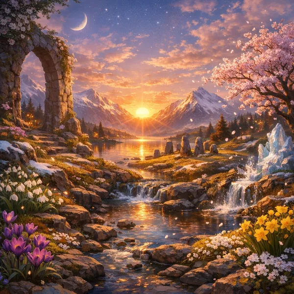 Enjoy an online jigsaw puzzle designed for browser play, featuring a dreamy nature landscape full of mountains, a lake, and flowering trees.