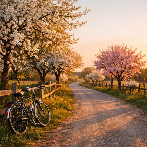 Enjoy an online jigsaw puzzle designed for browser play, featuring a peaceful spring landscape of blossoming trees and a country lane.