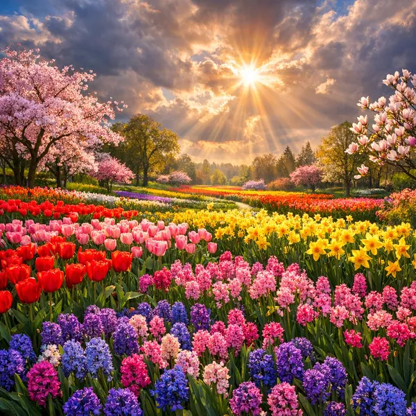Enjoy an online jigsaw puzzle designed for browser play, featuring a vibrant spring garden full of blooming flowers and flowering trees.