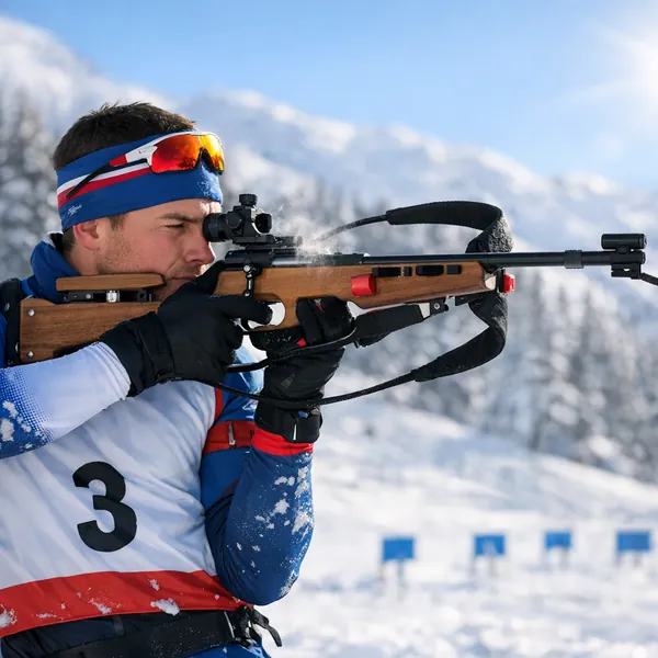 Enjoy an online jigsaw puzzle designed for browser play, featuring a winter sports scene from a biathlon competition.