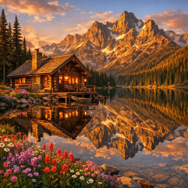 Enjoy an online jigsaw puzzle designed for browser play, featuring a cozy log cabin by a mirror‑calm mountain lake framed by towering peaks and a ring of evergr
