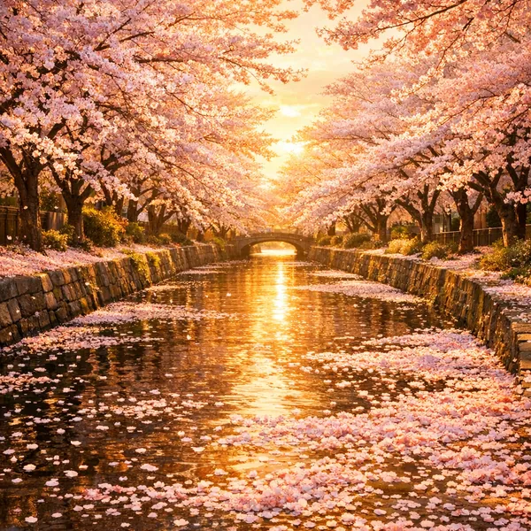 Enjoy an online jigsaw puzzle designed for browser play, featuring a serene nature scene of cherry blossom trees framing a gentle canal.