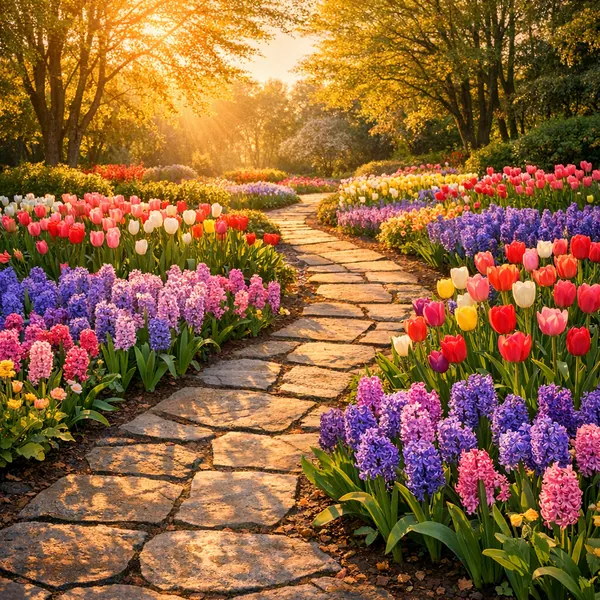 Here’s an online jigsaw puzzle you can play in your browser, featuring a sunlit garden scene full of colorful flowers and a winding stone path.