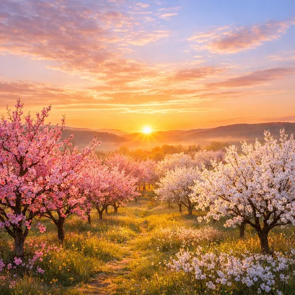 Here’s an online jigsaw puzzle you can play in your browser, featuring a serene spring orchard scene and the beauty of nature at sunrise.