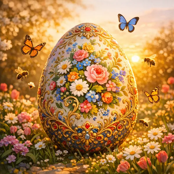Enjoy an online jigsaw puzzle designed for browser play, featuring a richly decorated egg set in a springtime nature scene.
