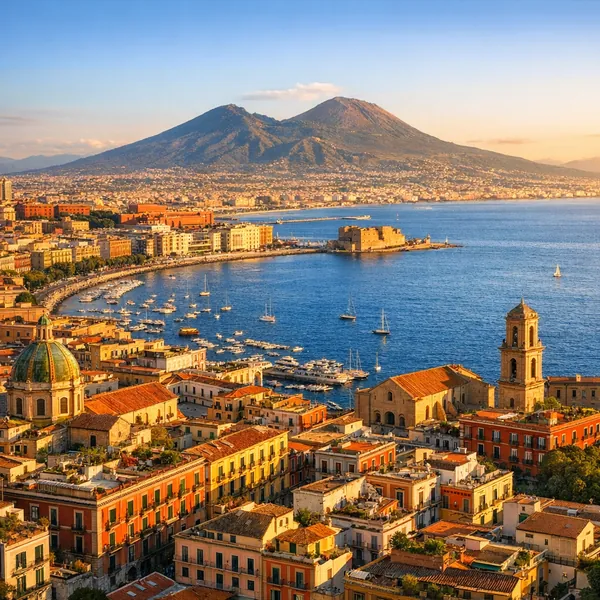 Enjoy an online jigsaw puzzle designed for browser play, featuring a sunlit Mediterranean coastal cityscape with sea, sailboats, and a distant volcano-topped sk