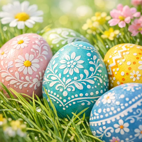 Enjoy an online jigsaw puzzle designed for browser play, featuring brightly decorated Easter eggs nestled in fresh spring grass — a cheerful mix of seasonal and