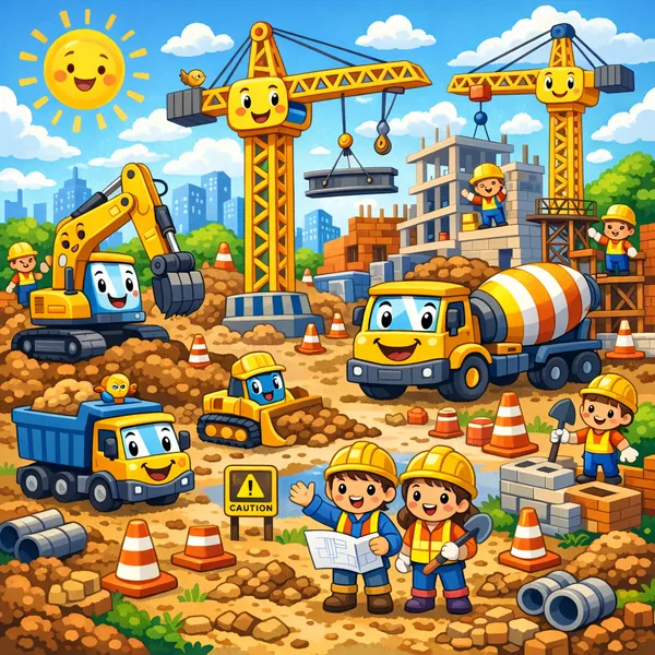 Enjoy an online jigsaw puzzle designed for browser play, featuring a cheerful construction-site scene full of friendly vehicles and busy workers.